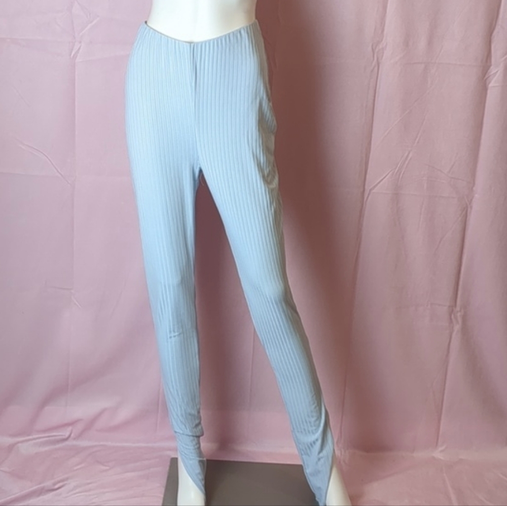 PrettyLittleThing Pastel Blue Ribbed High Waisted Split Hem Leggings size 8
